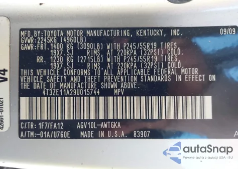 2009 Toyota Venza z USA, uszkodzony, nr VIN 4T3ZE11A29U015744